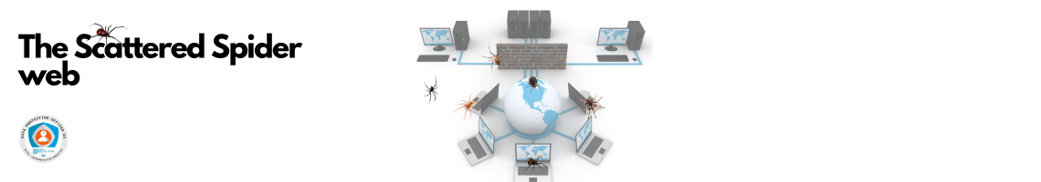 Photo of a computer network and lots of spiders on a white background. Black text: The Scattered Spider Web. Data Protection Education DPO badge